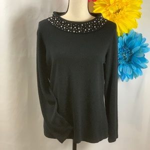 3/$10🙌Black Sweater w/ Beaded Pearls on Neckline